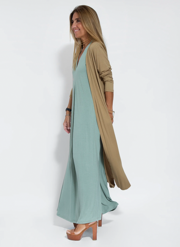 Sleeveless Maxi Dress and Matching Vest, Full-Length Set