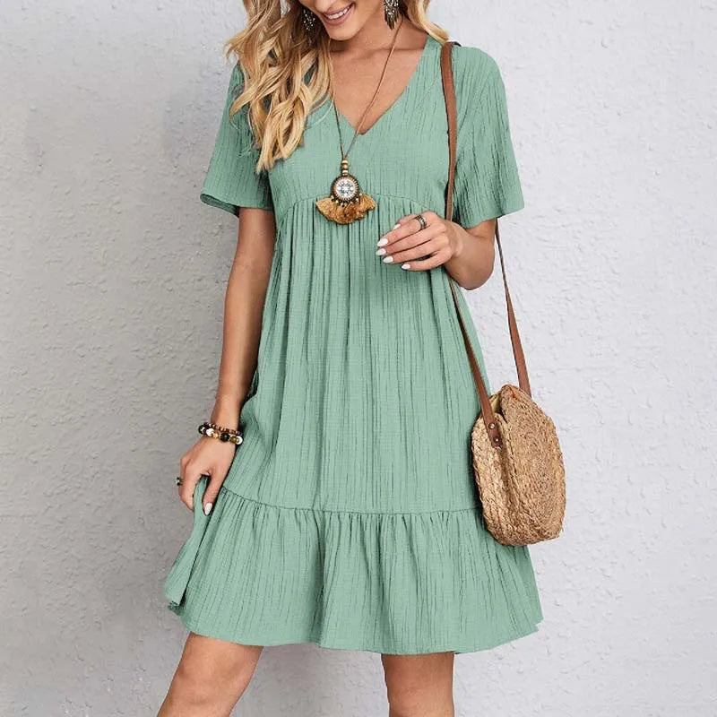 Women's A-Line Cotton Mini Dress with V-Neck and Short Sleeves