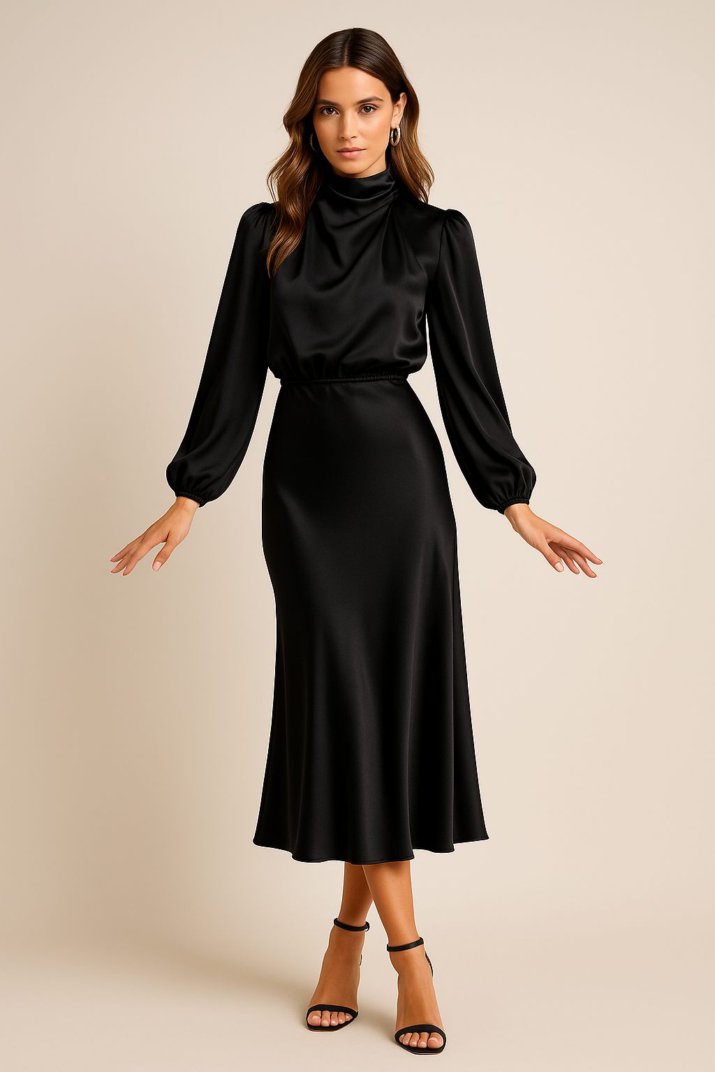 Women's High-Waisted Solid Colour Midi Dress