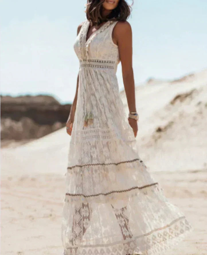Women's V-Neck Lace Maxi Dress in A-Line Boho Cut