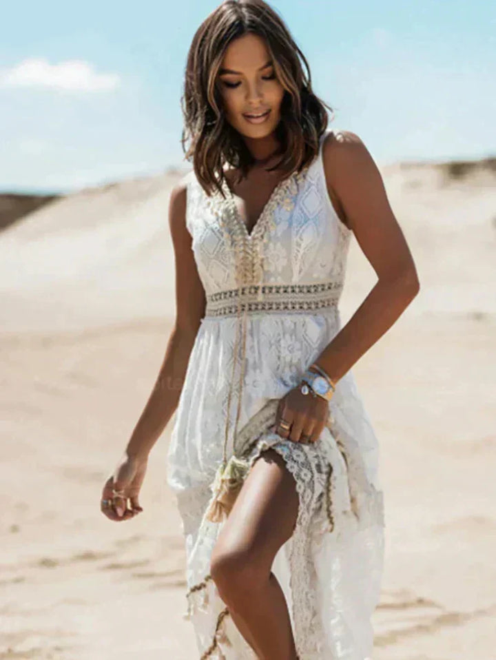 Women's V-Neck Lace Maxi Dress in A-Line Boho Cut
