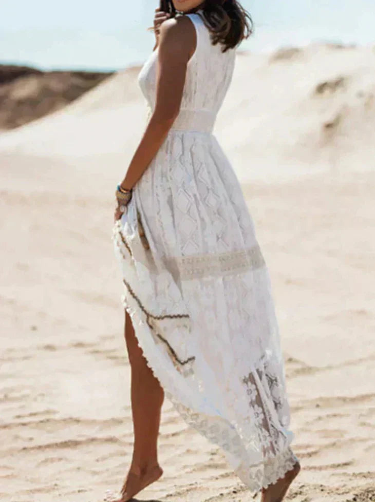 Women's V-Neck Lace Maxi Dress in A-Line Boho Cut