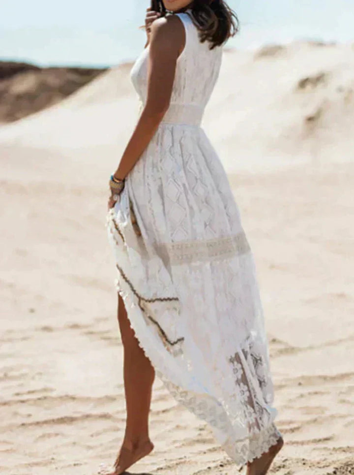Women's V-Neck Lace Maxi Dress in A-Line Boho Cut