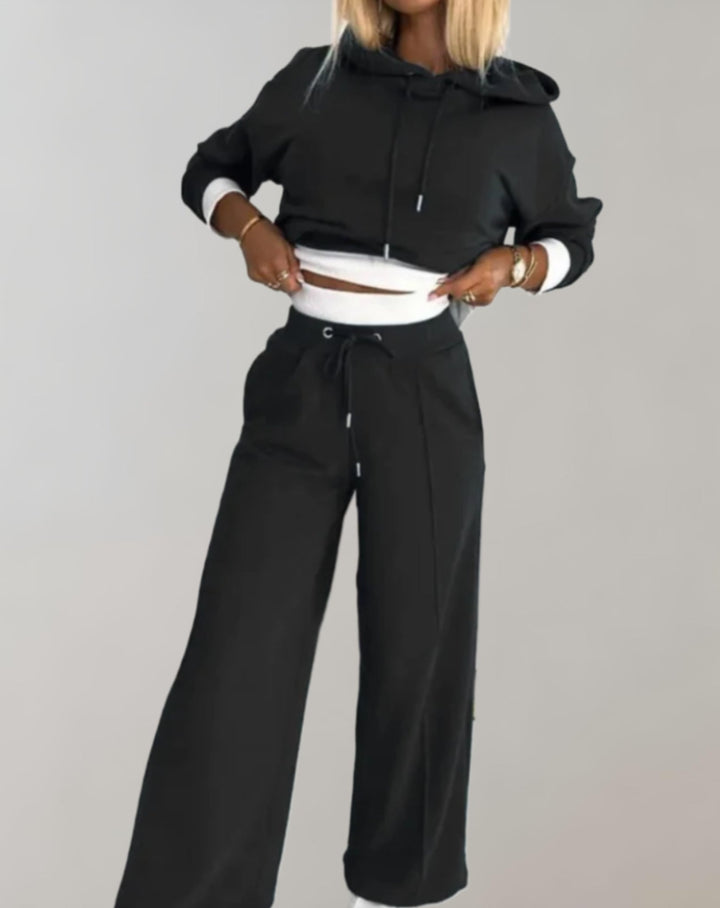 Women's Two Piece Hooded Tracksuit Set with Wide-Leg Trousers