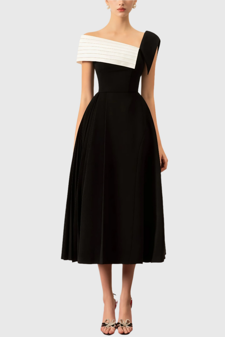 Women's Asymmetric One-Shoulder Midi Dress in Black and White