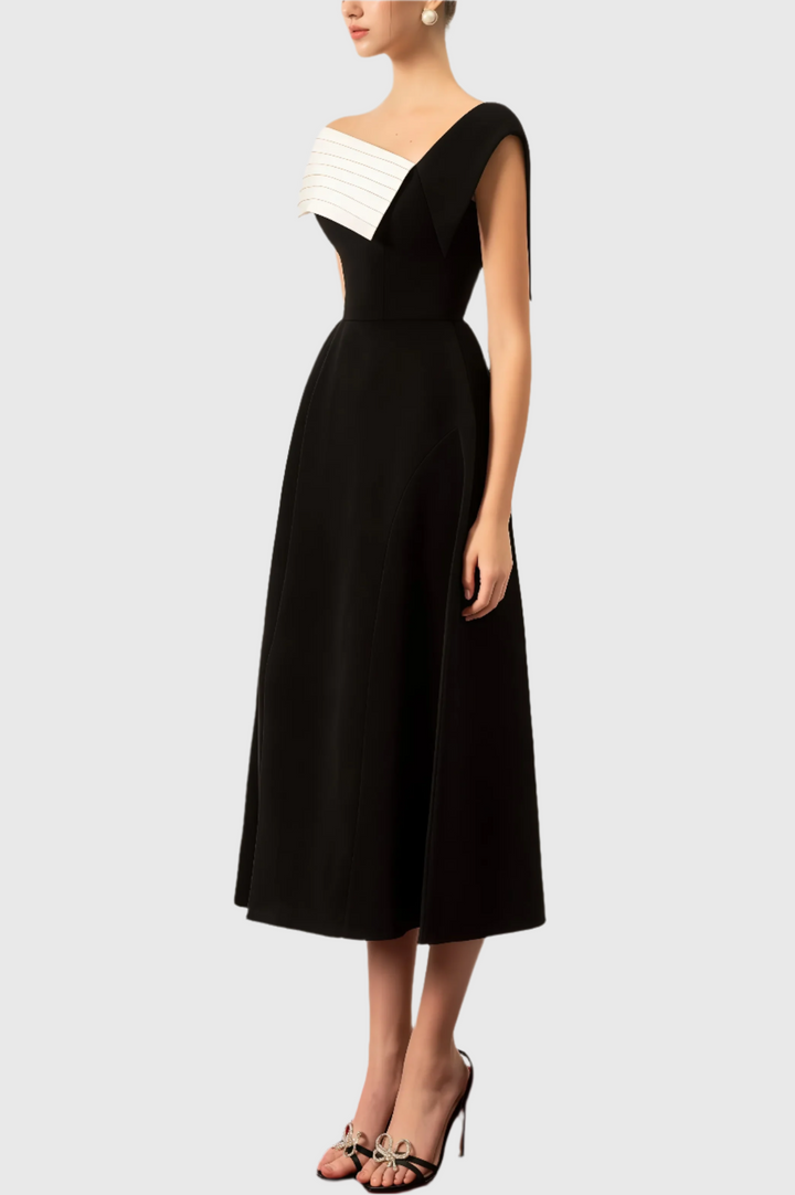 Women's Asymmetric One-Shoulder Midi Dress in Black and White