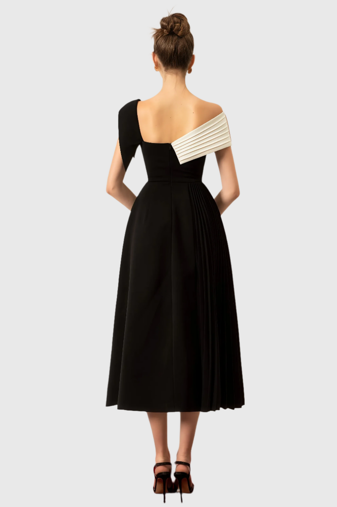 Women's Asymmetric One-Shoulder Midi Dress in Black and White