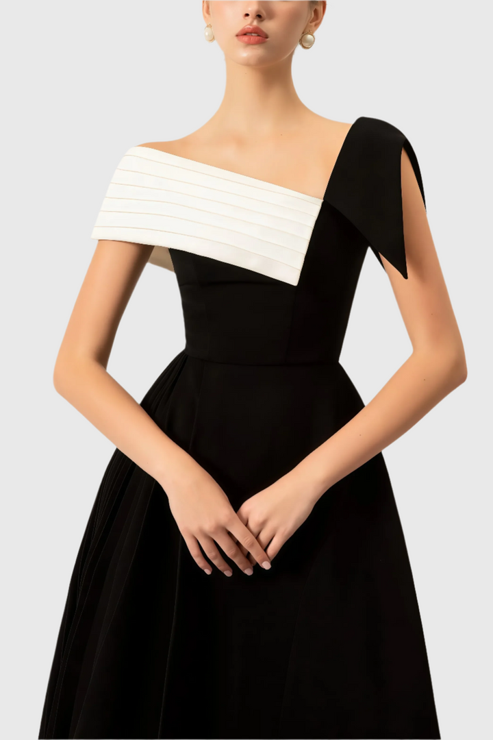 Women's Asymmetric One-Shoulder Midi Dress in Black and White