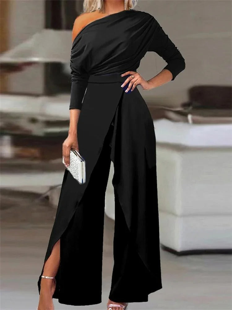 Women's Off-Shoulder Jumpsuit with Wide Leg and Tie Waist