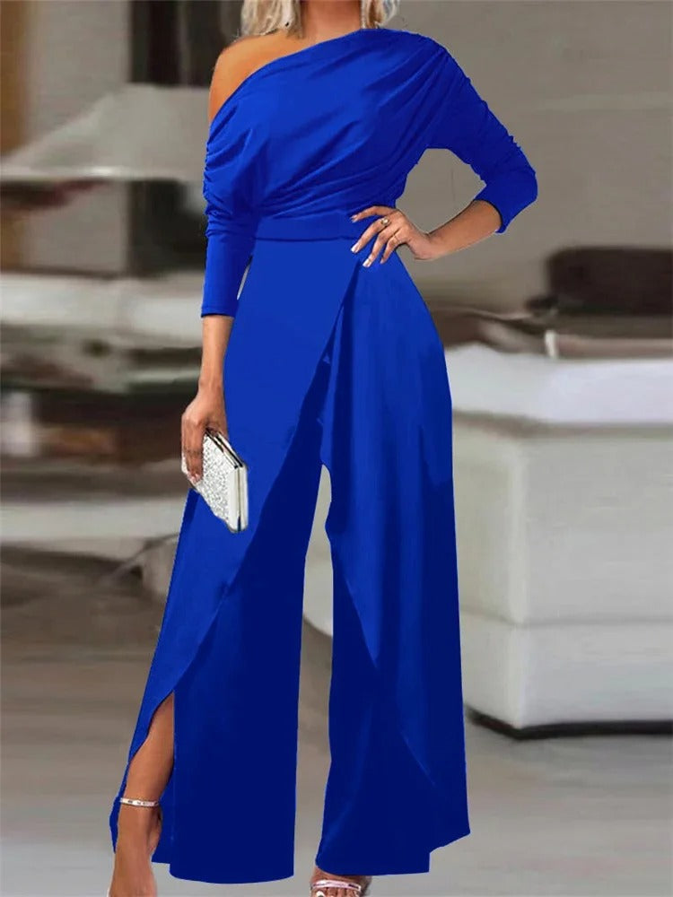 Women's Off-Shoulder Jumpsuit with Wide Leg and Tie Waist
