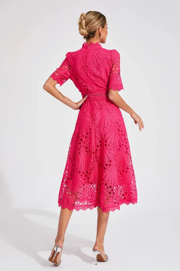 A-Line Lace Midi Dress with a High Neckline