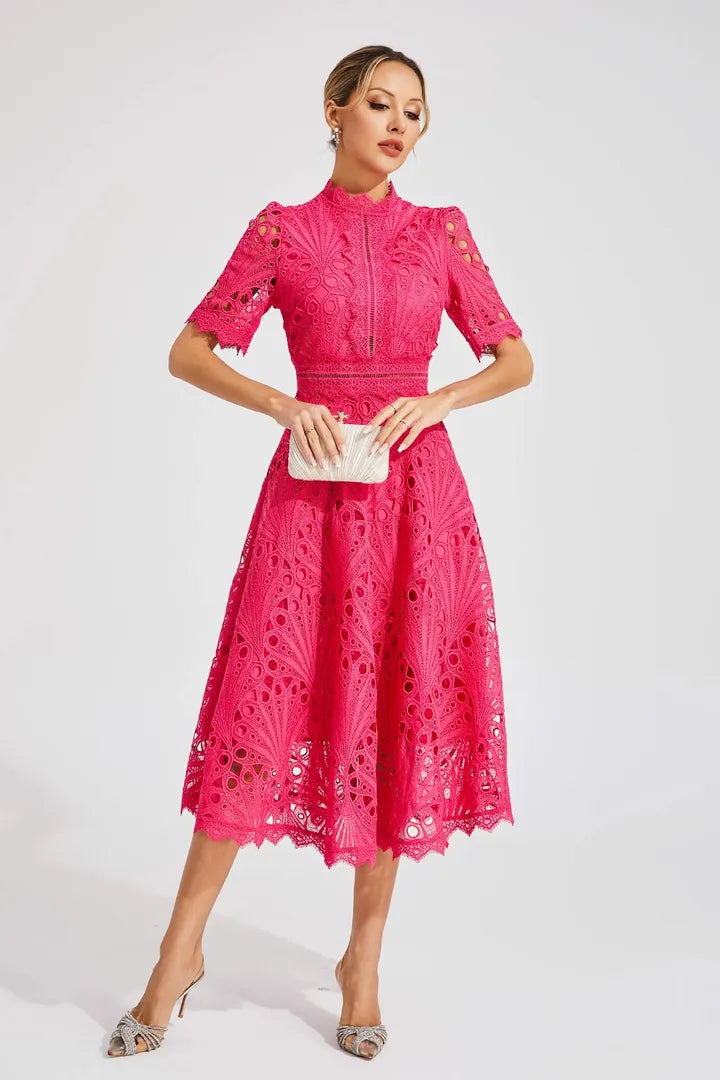 A-Line Lace Midi Dress with a High Neckline