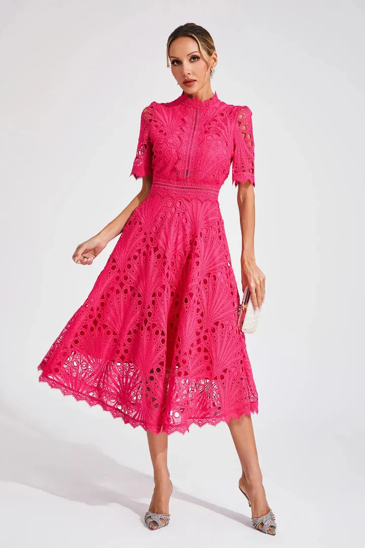 A-Line Lace Midi Dress with a High Neckline