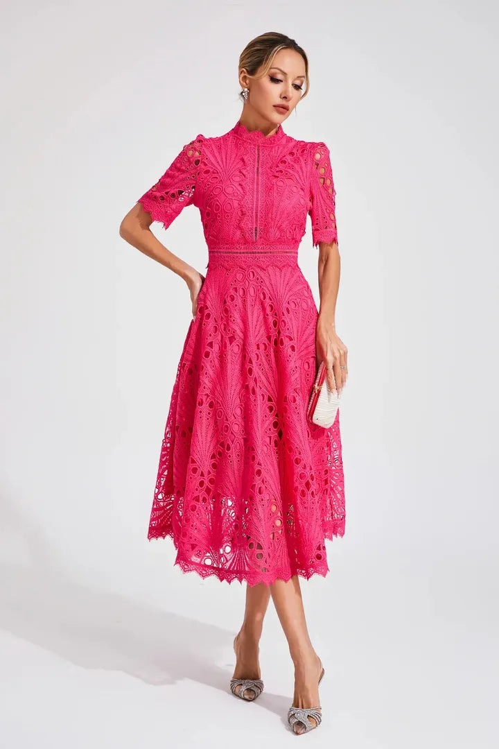 A-Line Lace Midi Dress with a High Neckline