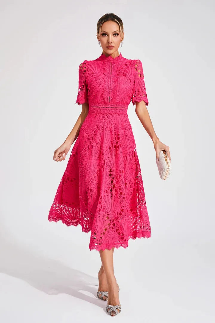 A-Line Lace Midi Dress with a High Neckline