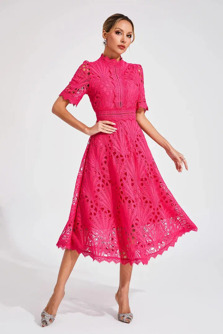 A-Line Lace Midi Dress with a High Neckline