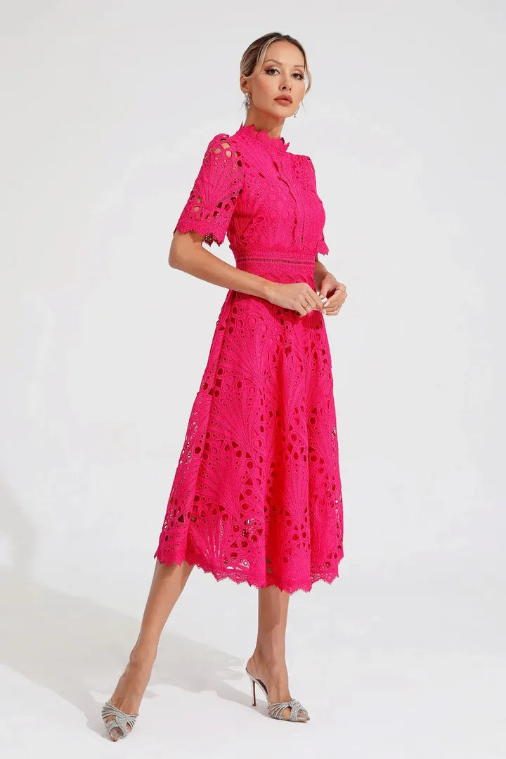 A-Line Lace Midi Dress with a High Neckline