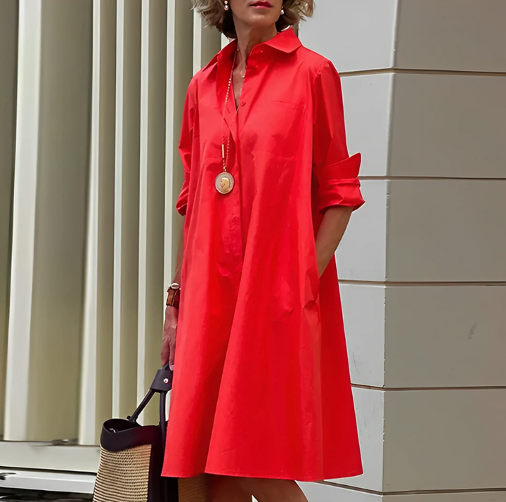 Women's Long Sleeve Satin Midi Dress in A-Line Cut