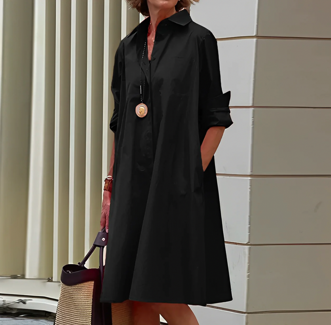 Women's Long Sleeve Satin Midi Dress in A-Line Cut