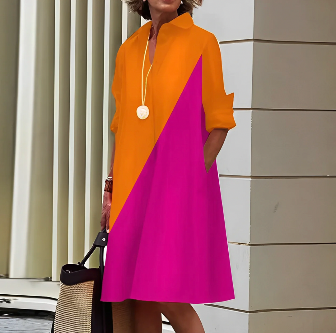 Women's Long Sleeve Satin Midi Dress in A-Line Cut