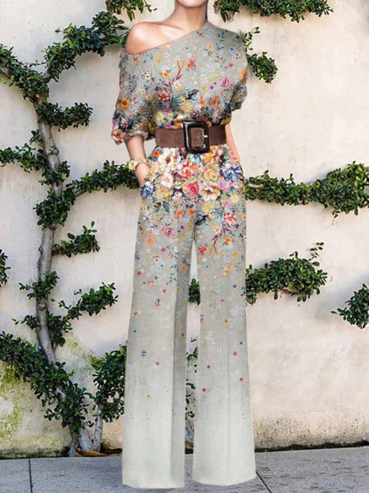 Women's One-Shoulder Wide-Leg Jumpsuit with Artistic Print Design