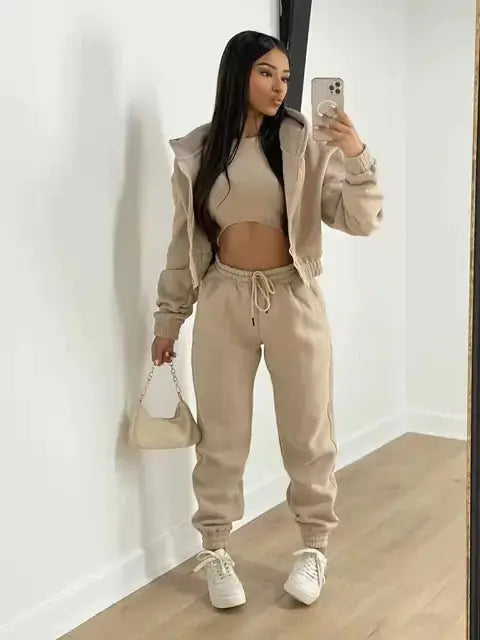 Three-Piece Lounge Set with Cropped Hoodie