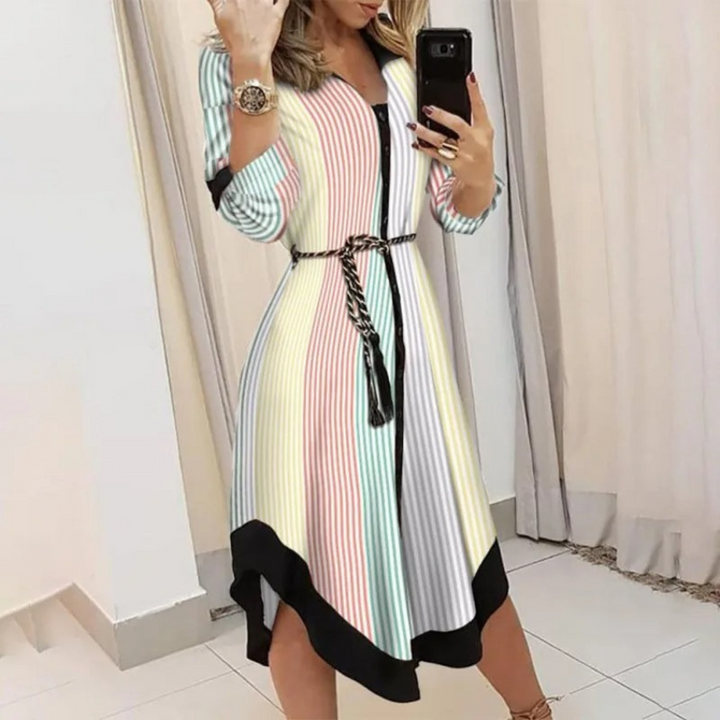 Women's Long-Sleeve Button-Down Shirt Dress with Tie Waist