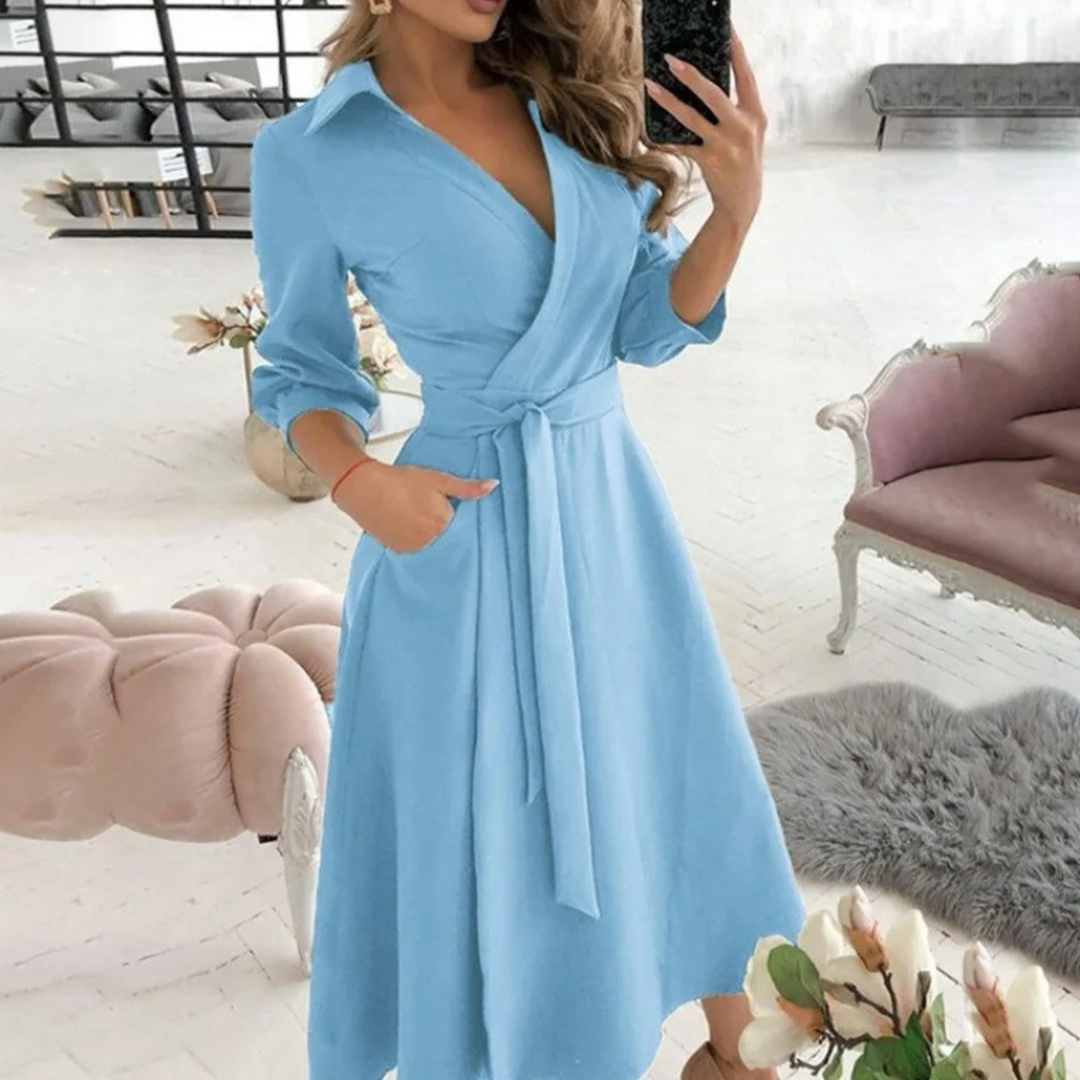 Women's Long-Sleeve Button-Down Shirt Dress with Tie Waist