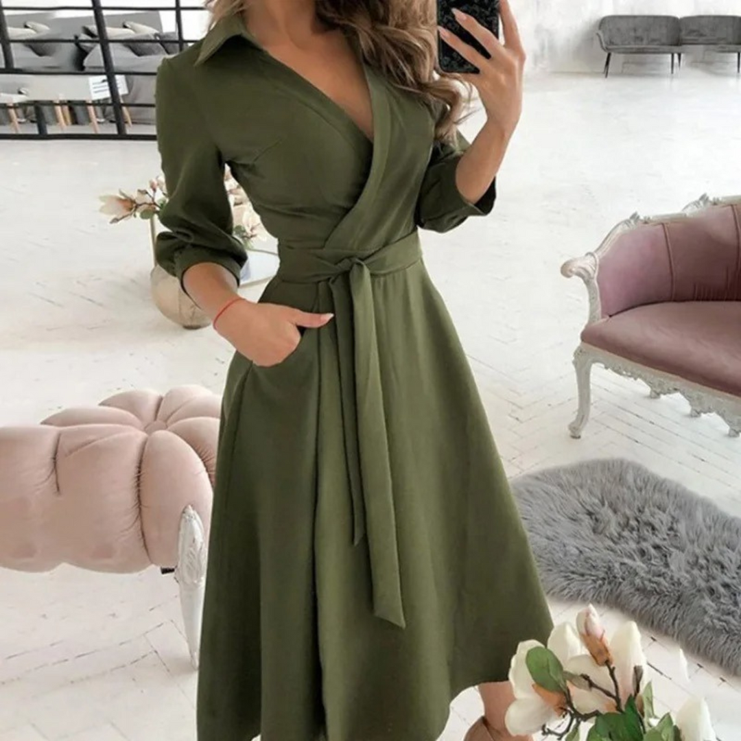 Women's Long-Sleeve Button-Down Shirt Dress with Tie Waist