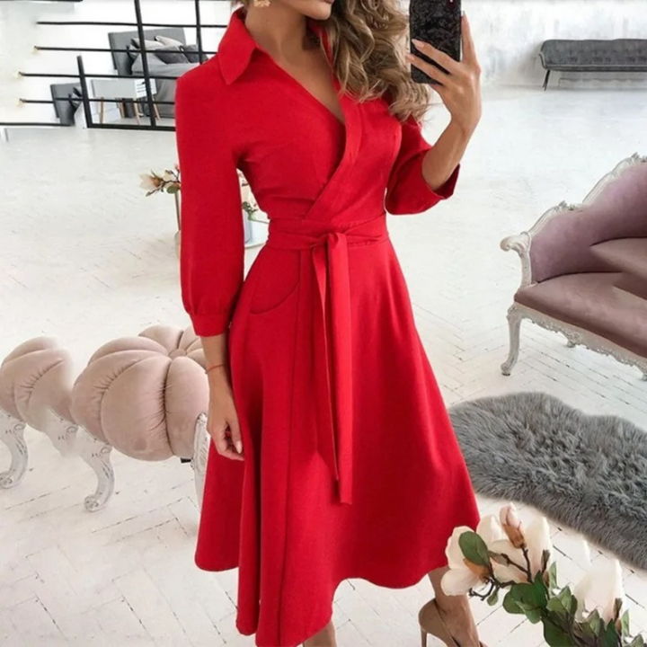 Women's Long-Sleeve Button-Down Shirt Dress with Tie Waist