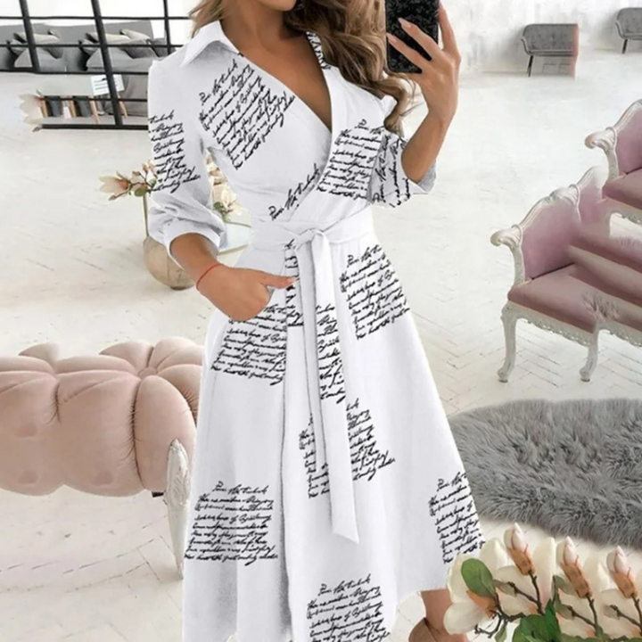 Women's Long-Sleeve Button-Down Shirt Dress with Tie Waist