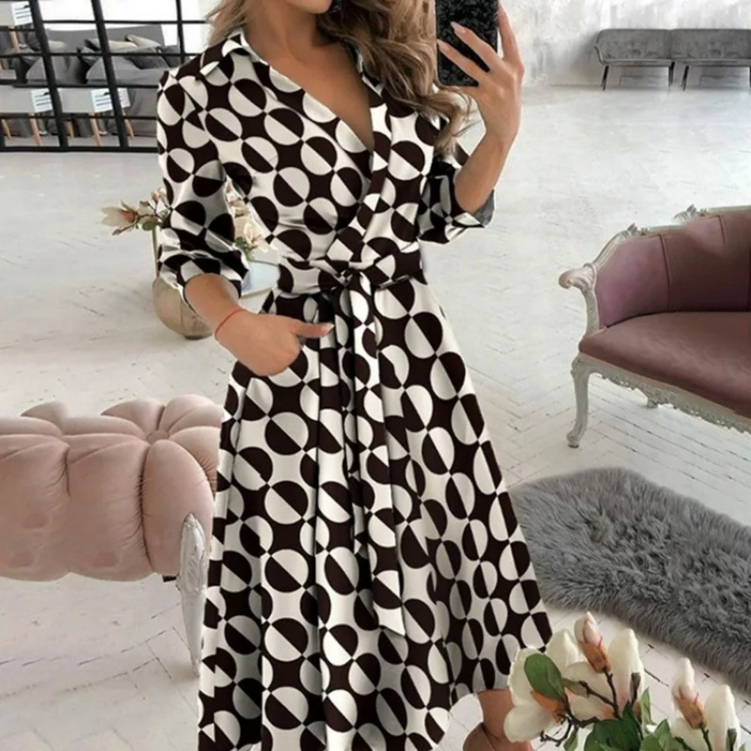 Women's Long-Sleeve Button-Down Shirt Dress with Tie Waist