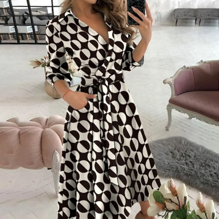 Women's Long-Sleeve Button-Down Shirt Dress with Tie Waist
