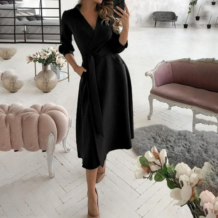 Women's Long-Sleeve Button-Down Shirt Dress with Tie Waist
