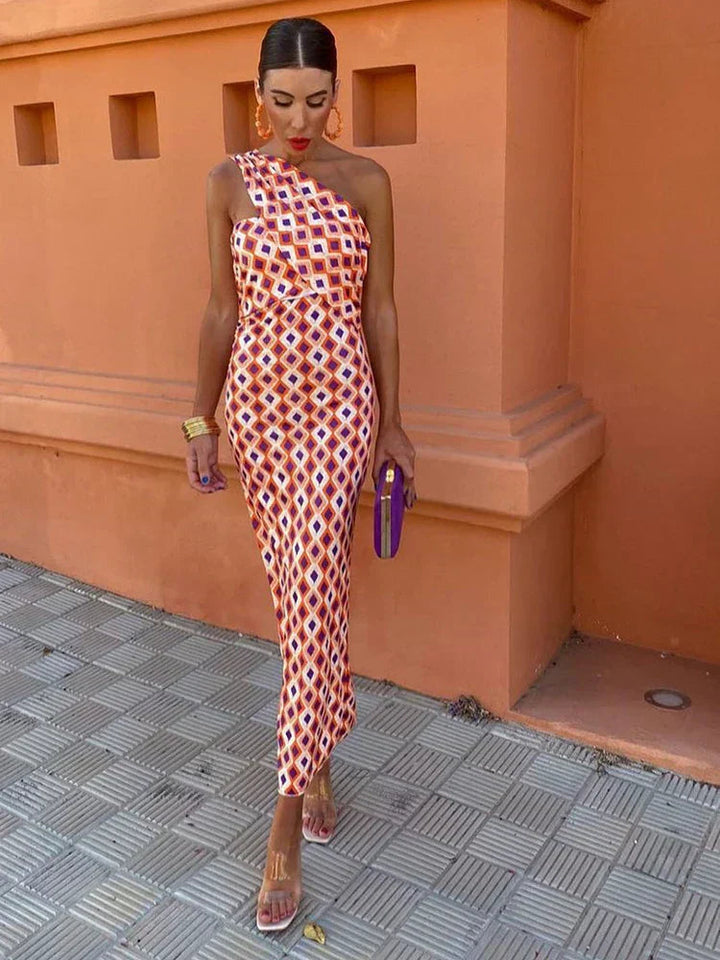 Women's One-Shoulder Dress with a Stylish Bold Print