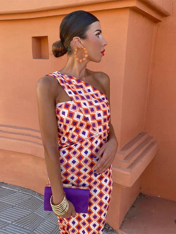 Women's One-Shoulder Dress with a Stylish Bold Print