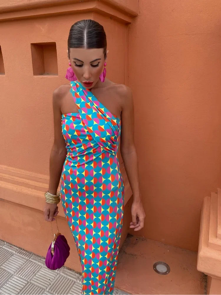 Women's One-Shoulder Dress with a Stylish Bold Print