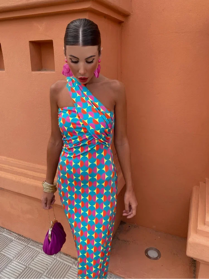 Women's One-Shoulder Dress with a Stylish Bold Print