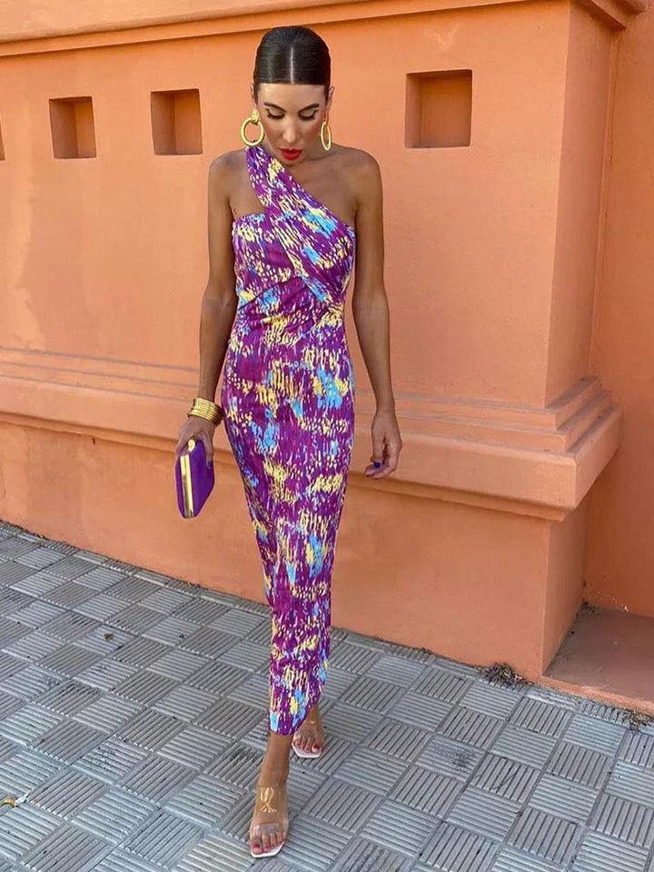 Women's One-Shoulder Dress with a Stylish Bold Print
