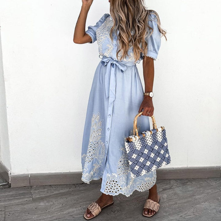 Women's Embroidered Floral Linen Midi Dress with Waist Tie