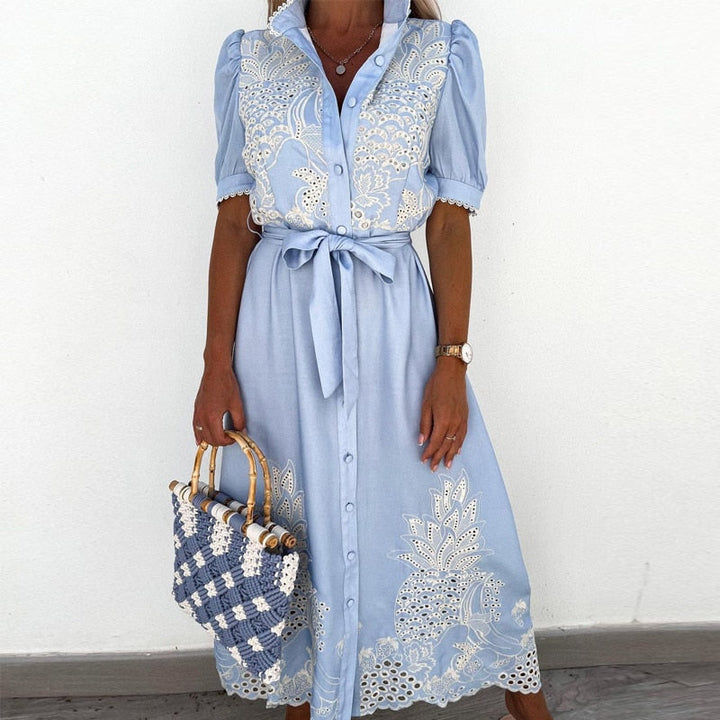 Women's Embroidered Floral Linen Midi Dress with Waist Tie