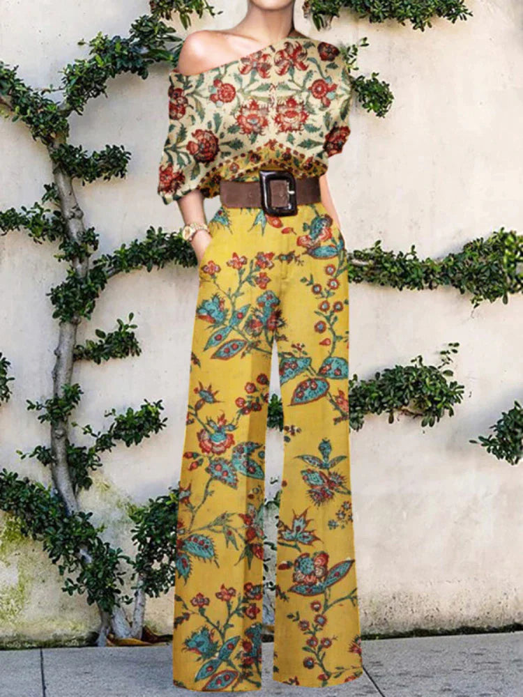 Women's One-Shoulder Wide-Leg Jumpsuit with Artistic Print Design