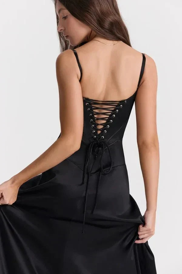 Women's Corset-Bodice Satin Maxi Dress