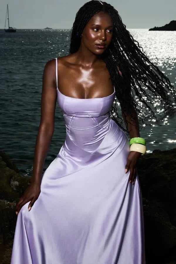 Women's Corset-Bodice Satin Maxi Dress
