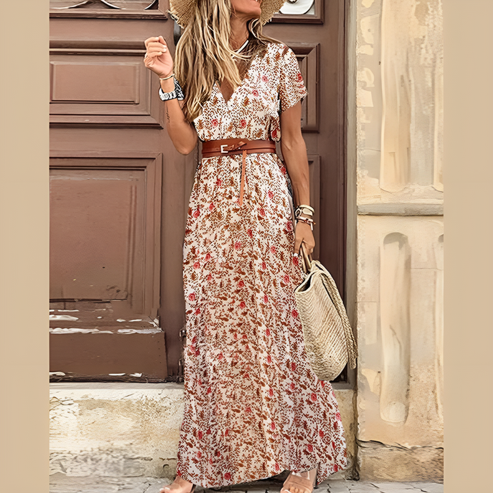 Women's Floral Maxi Dress with V-Neck, Boho Cut