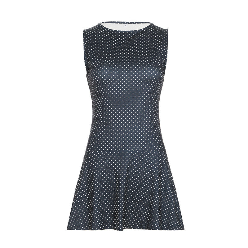 Women's Sleeveless Polka Dot Mini Dress with Contoured Fitted Waist