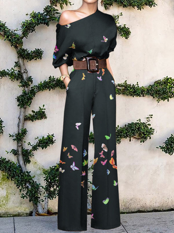 Women's One-Shoulder Wide-Leg Jumpsuit with Artistic Print Design