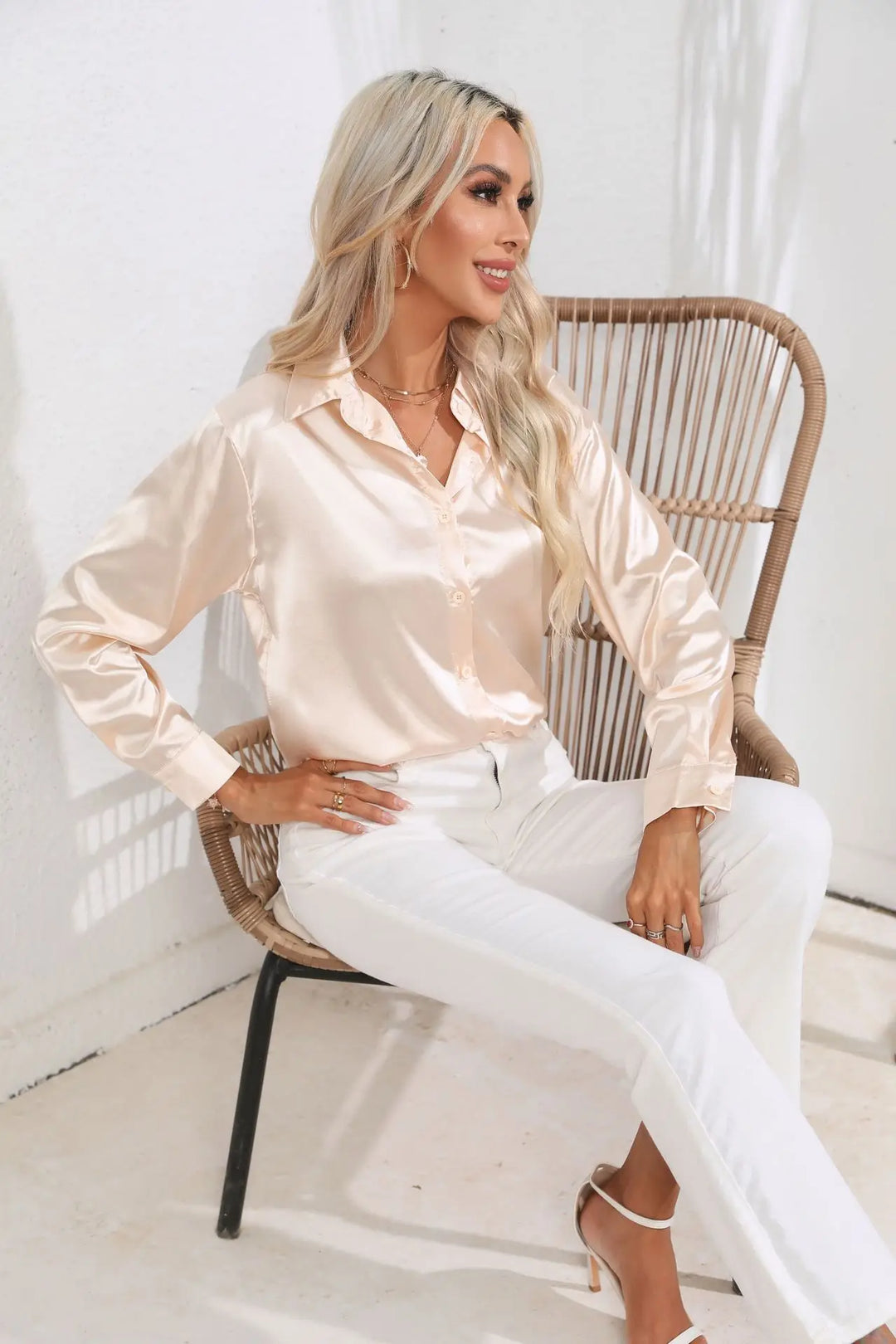 Women's Satin Button-Down Blouse with V-Neck and Long Sleeves
