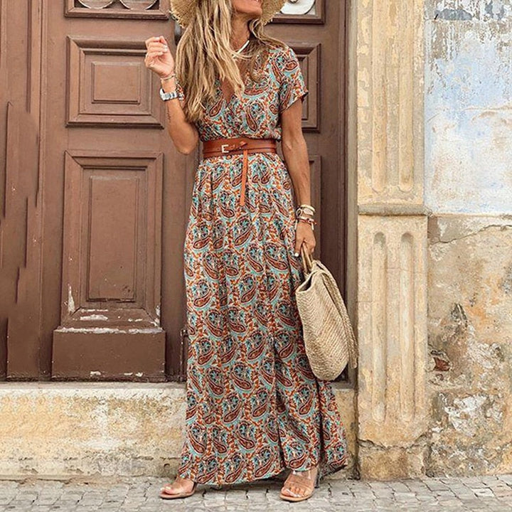 Women's Floral Maxi Dress with V-Neck, Boho Cut