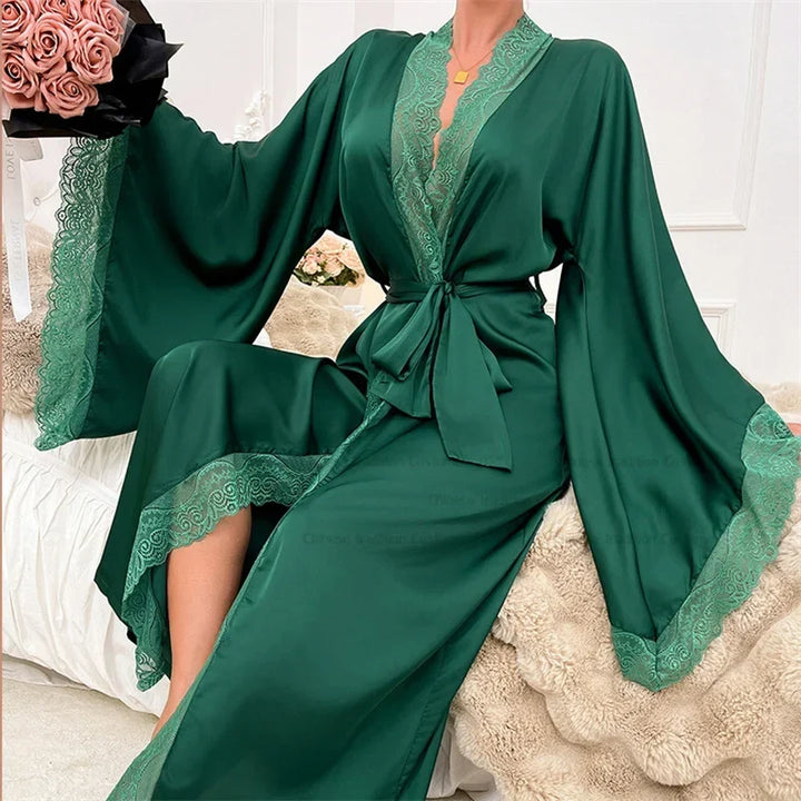 Women's Belted Lace Kimono with Wide Flowing Sleeves